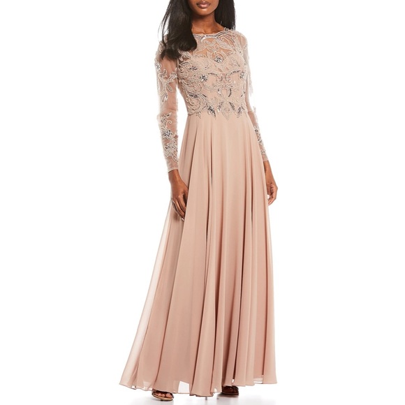 Long Sleeve Beaded Bodice Chiffon Gown 